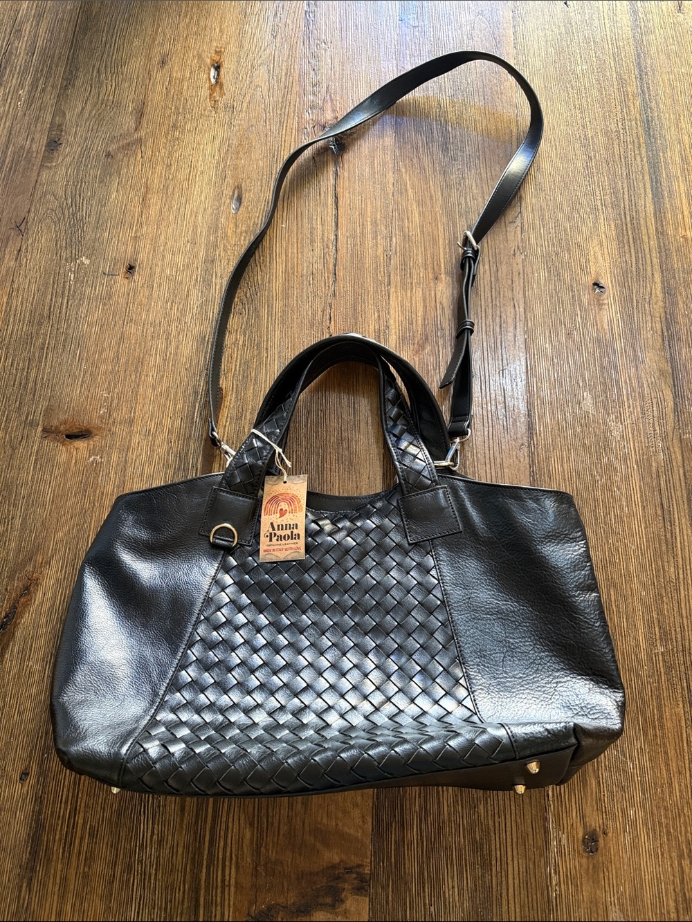 Anna Paola Black Woven Leather Shoulder Bag